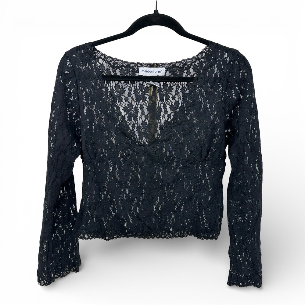 VTG 90s Floral‎ Lace Sheer Top Large Cropped Black V-Neck Long Sleeve Y2K Edgy